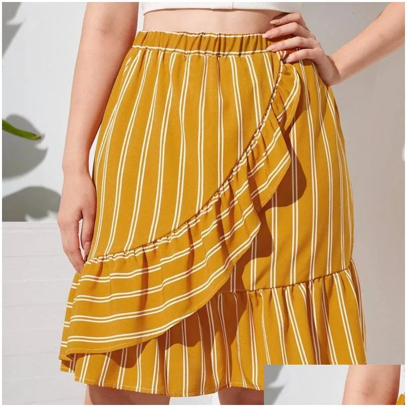 plus Size Elastic Waist Summer Elegant Floral Skirt Women Ruffle Trim Casual Midi Stripe Skirt Female Large Size Boho Skirt 7XL q6tP#