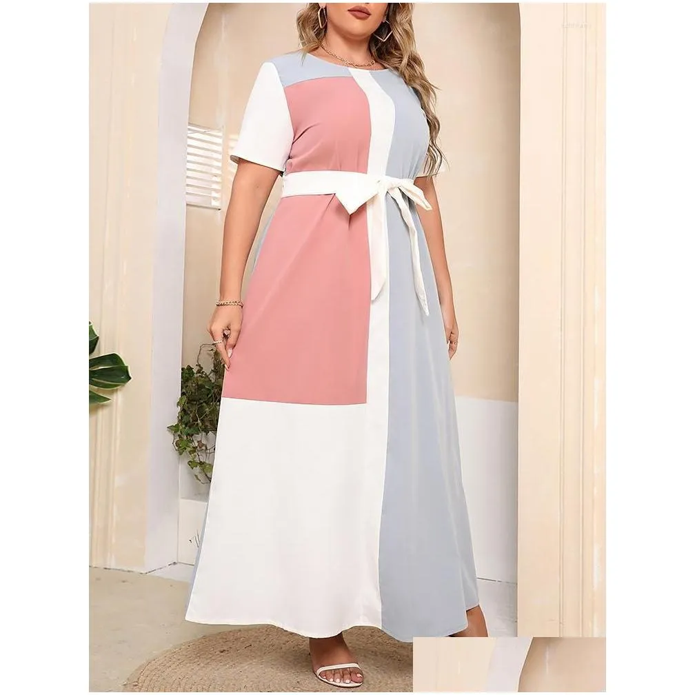 Plus Size Dresses Dress For Women 2022 Fashion Summer Short Sleeve Contrast Multicolor Elegant Belted Loose Maxi Long