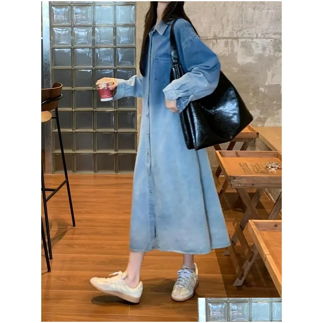 Casual Dresses Vintage Long Dress Spring Korean Style Shirt Turn-Down Collar Gradient Sleeve Loose Denim Pockets For Women