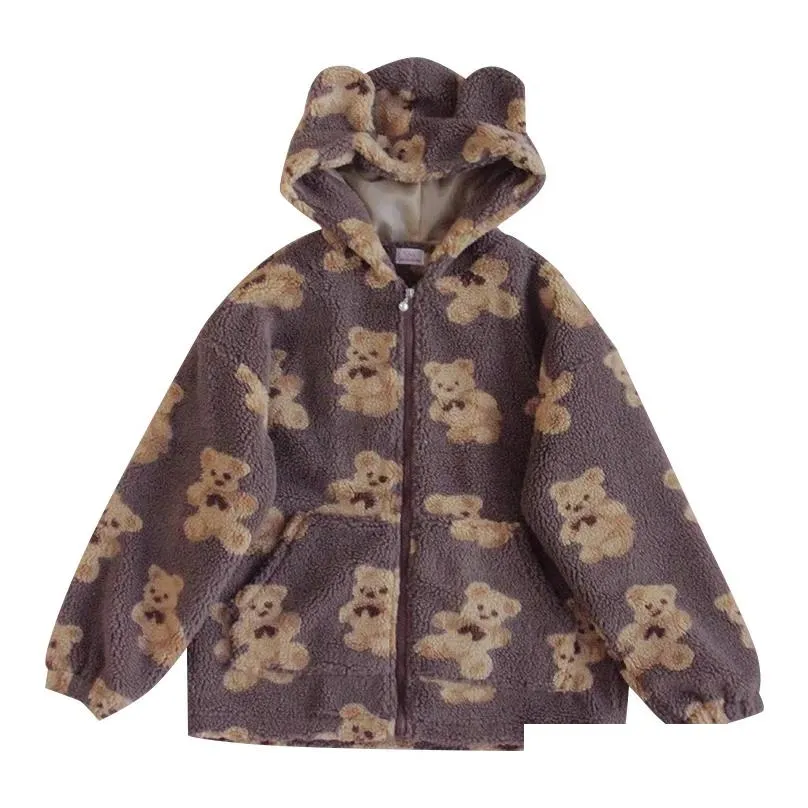 HWLZLTZHT Soft Sister Small  Cute Bear Jacket Kawaii Loose Coat Long Sleeve Winter Student College style Japanese Jacket 201029