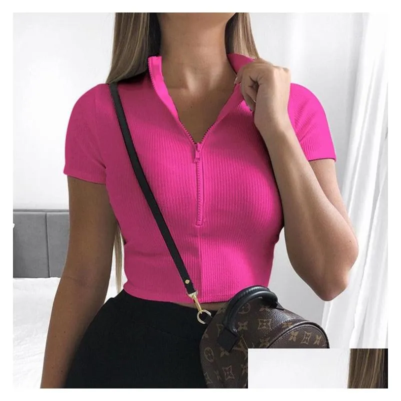 Women Casual Cotton T Shirts White Black Zipper V Ncek Crop Top Short Sleeve Summer Slim Sexy