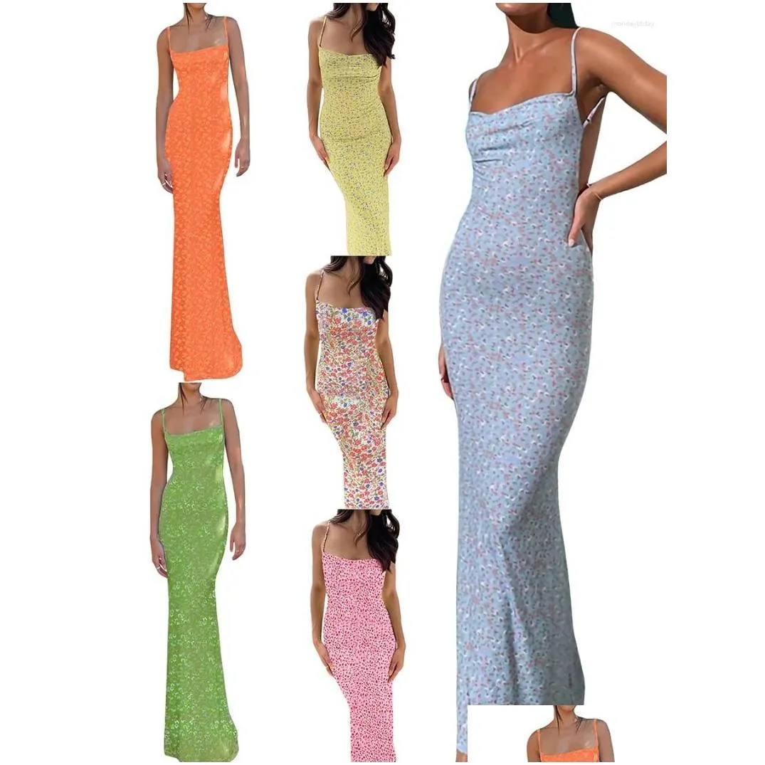 Casual Dresses Women Sexy Vintage Satin Maxi Dress Chic Tube Backless Spaghetti Strap Bodycon Long Y2K Floral Printed Sundress