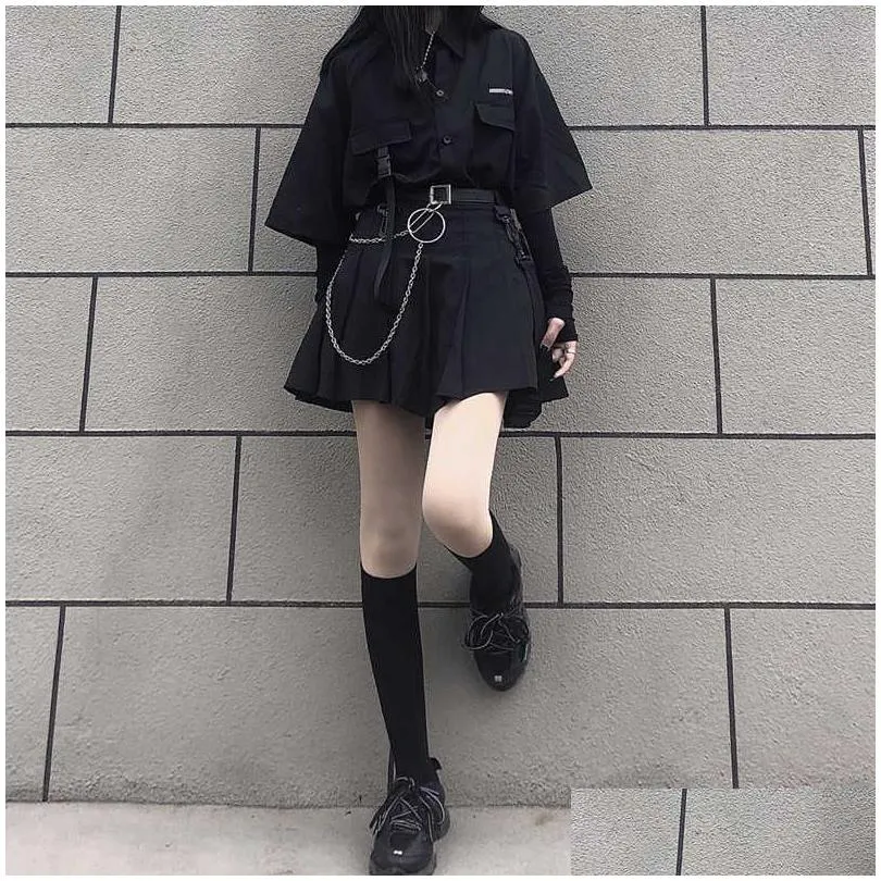 Korea Ulzzang Three piece set dark Mini Women Skirt School Uniforms A-line High Waist Harajuka gothic Suits & Sets 210608