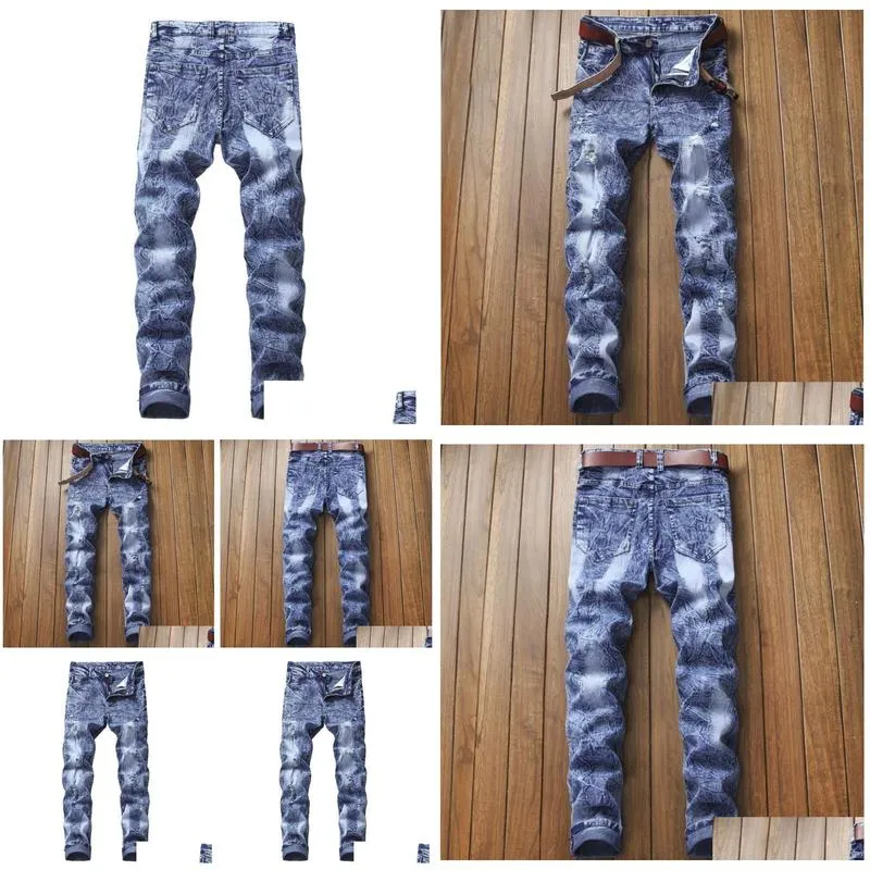Men`S Jeans Snow Fashion Brand Wash Biker Mens Casual Ripped Died Cotton Denim Straight Long Trousers Stretch Slim Drop Delivery Appa Dhi0D