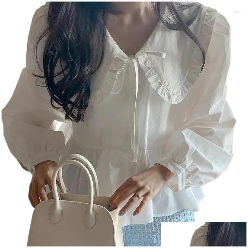 Women`s Blouses Doll Collar Long Sleeve Shirts For Women Ruffle Loose Lace Up Bow Tops Female Spring Summer Fashion White Lady