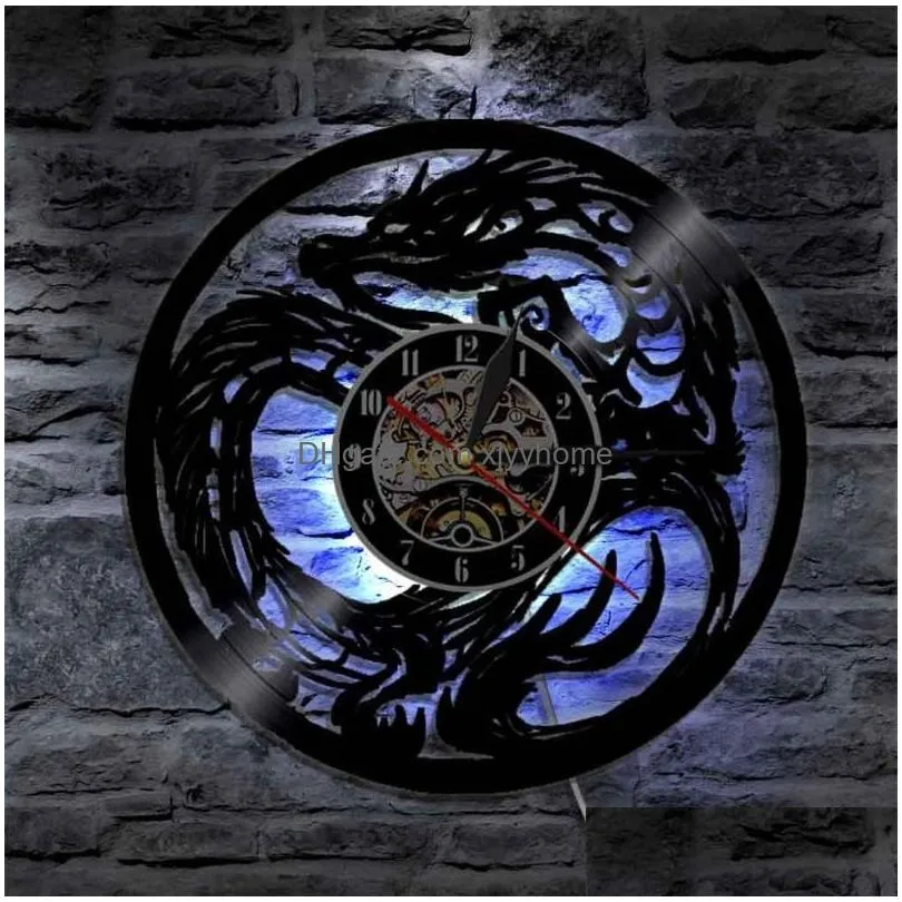 Wall Clocks Dragon Art Clock Battery Operated Modern Design Record With Led Lamp Home Living Room Decoration Drop Delivery Dhhgw