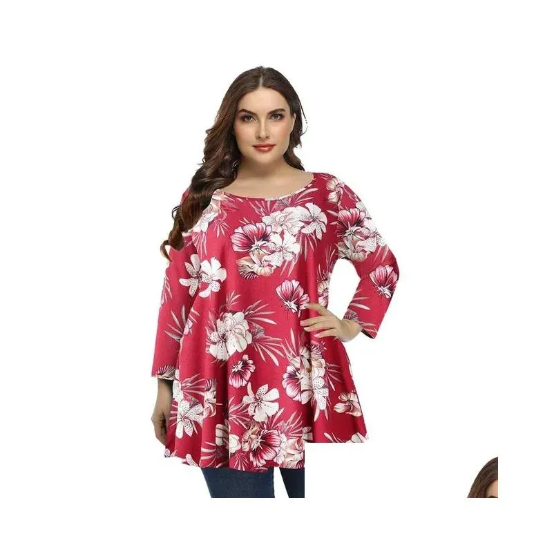 4xl 5XL Plus Size Tops Women 2021 Spring Autumn O Neck Lg Sleeve Tie Dye Print Retro Vintage Blouse Loose Big Size Lg Blouse J2B4#