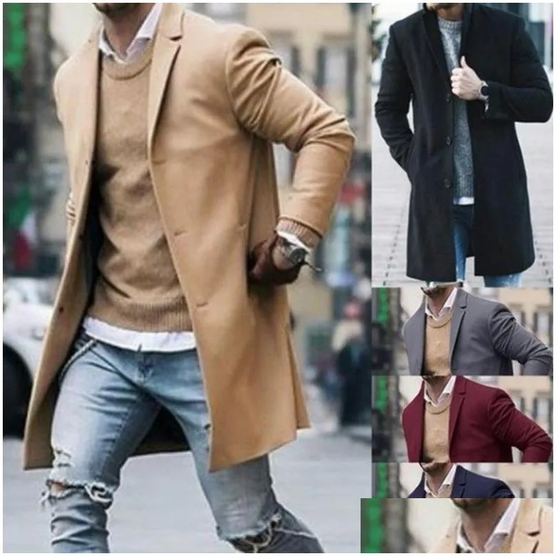 Fashion Men Winter Warm Blends Coat Lapel Outwear Overcoat Long Jacket Peacoat Mens Coats