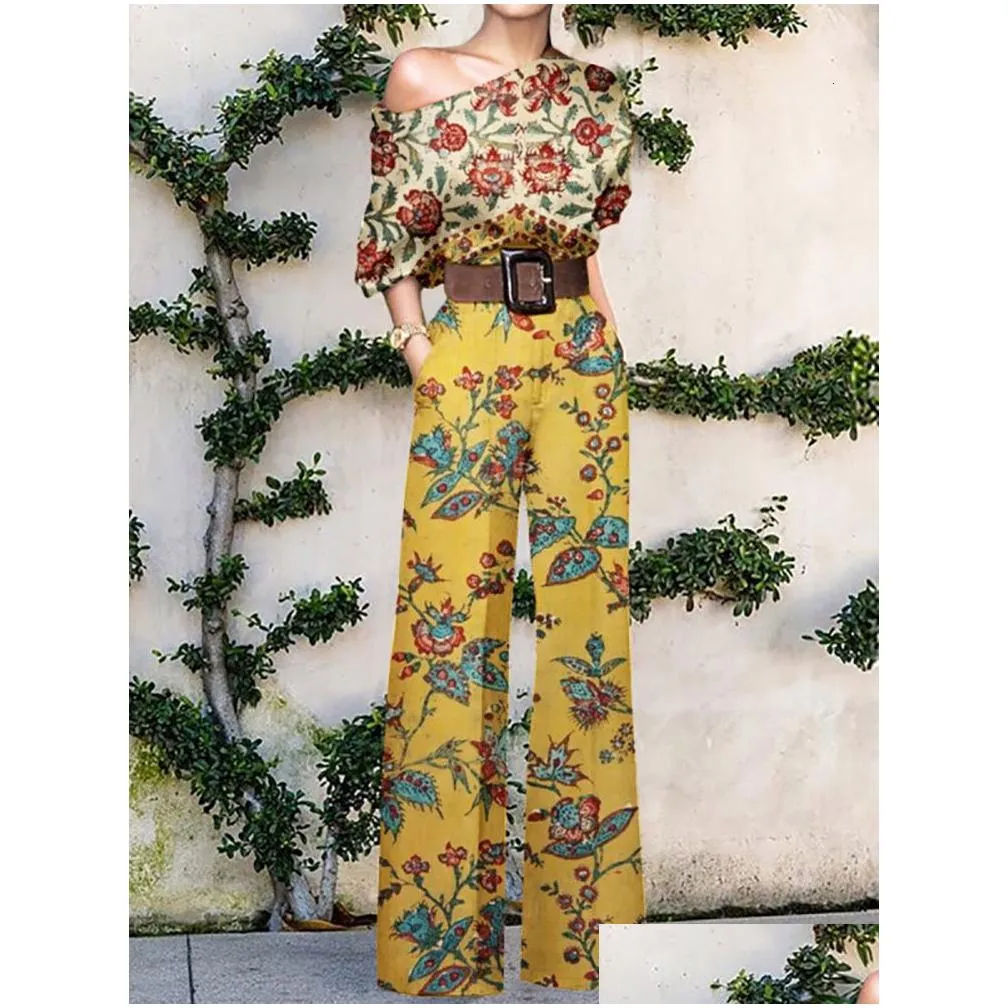 Women`s Jumpsuits Rompers Women Elegant Office Lady Loose Wide Leg Pants Bodysuits Skew Collar Floral Printing Sweet Ladies Jumpsuits Fashion Streetwear