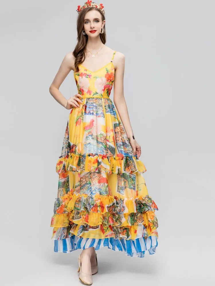 Women`s Runway Dress Sexy V Neck Spaghetti Straps Floral Printed Tiered Ruffles Fashion Designer Holiday Long Vestidos