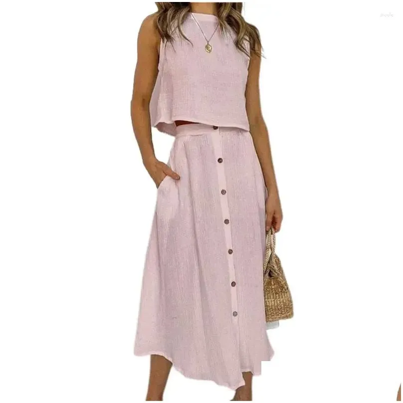 Work Dresses 2Pcs/Set Crew Neck Side Pockets Single Breasted Casual Outfit Solid Color Short Vest Midi Skirt Set Female Clothing