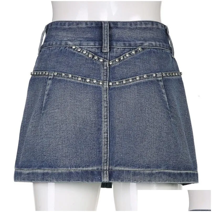 Skirts Vintage diamond denim mini tights Y2K Aesthetic Korean Kawaii Low Rise Skinny Wrap Bodycon jeans Penceil Skirt Women`s street wear