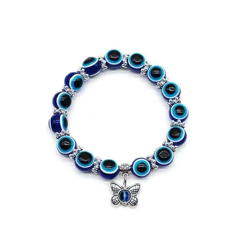 evil eyes bracelets for women beaded strands butterfly elephant fatima hand flower owl turtle pendant charm fashion stretch bangle men resin blue beads jewelry