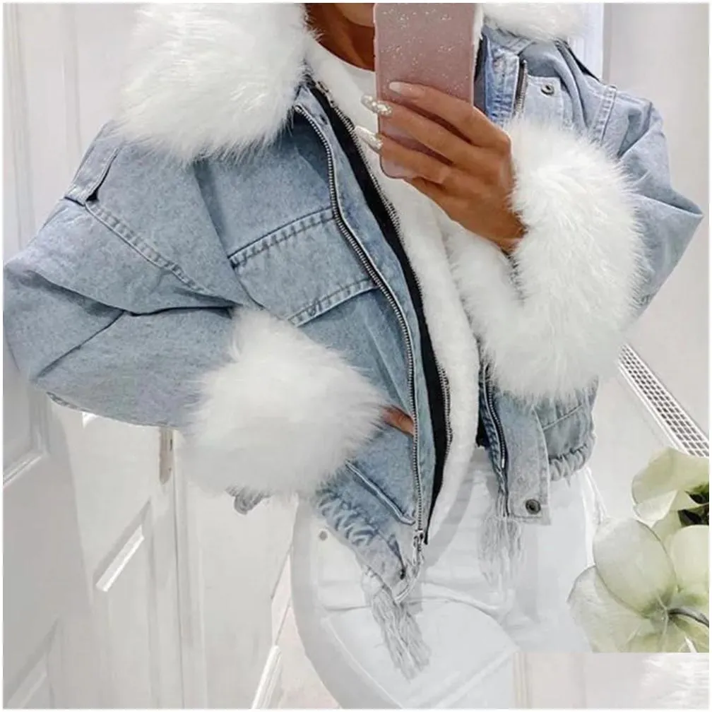 Thick Fleece Winter Denim Jacket Women Warmness Faux Fur Jean Jackets Korean Style Casual Long Sleeve Short Coats Outwear 201029