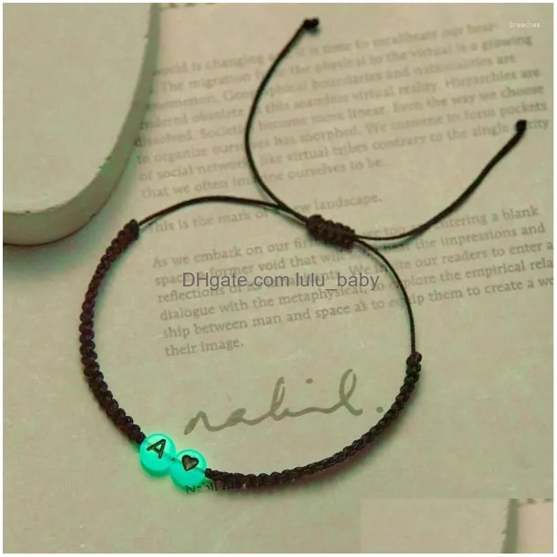 charm bracelets fashion luminous beads heart 26 letters for women men a-z initial name adjustable braided bracelet friendship jewelry