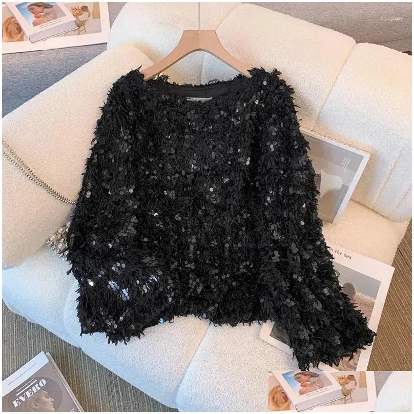 Women`s Blouses Elegant Sequined Feather Blouse Women Spring Autumn Party Tops And Long Sleeve Shirt Blusas Mujer