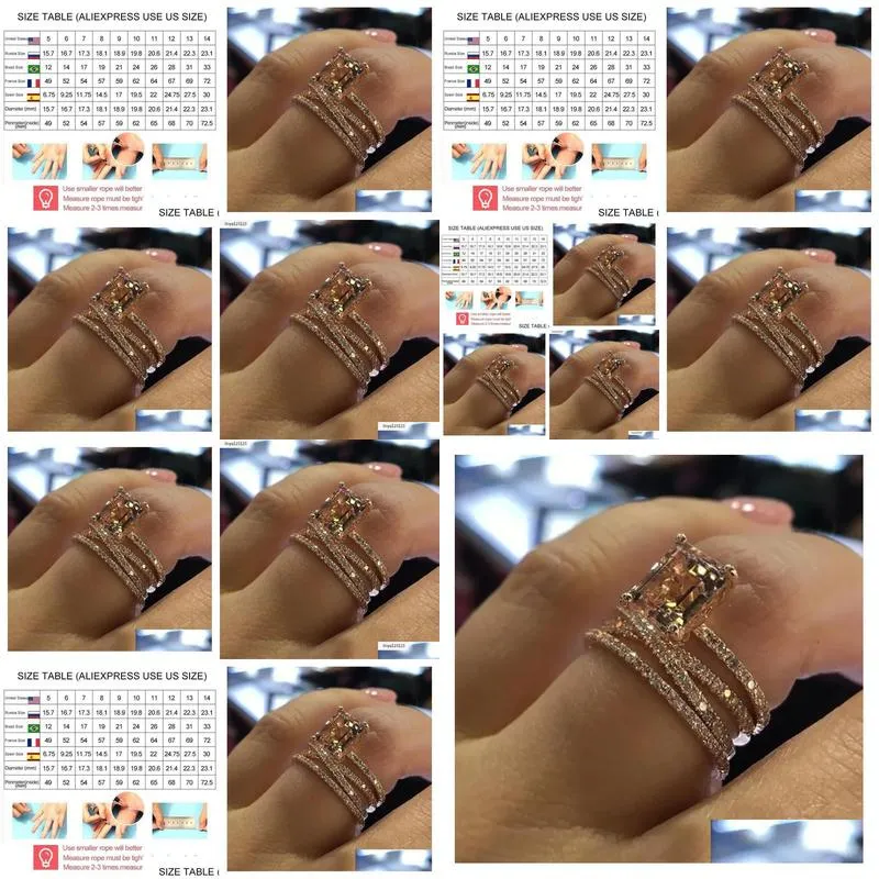 Fashion Multilayer Morganite Rings Rose Gold Color Wedding Jewelry Champagne crystal stone Ring Bague for Women Mother days Gifts