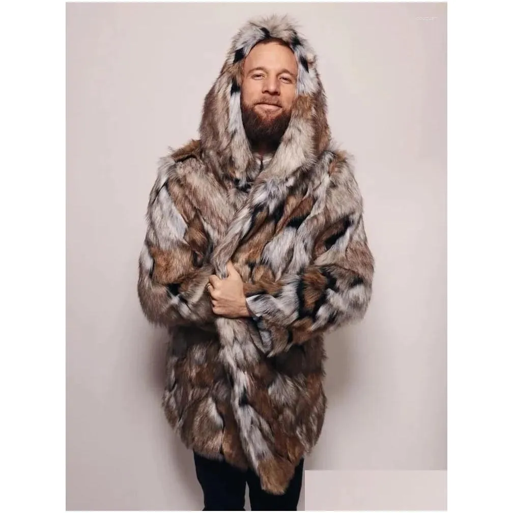 Men`s Jackets Winter Faux Fur Coat MenThick Hooded Fluffy Long Sleeve Warm Outerwear Luxury Jacket Bontjas Mens