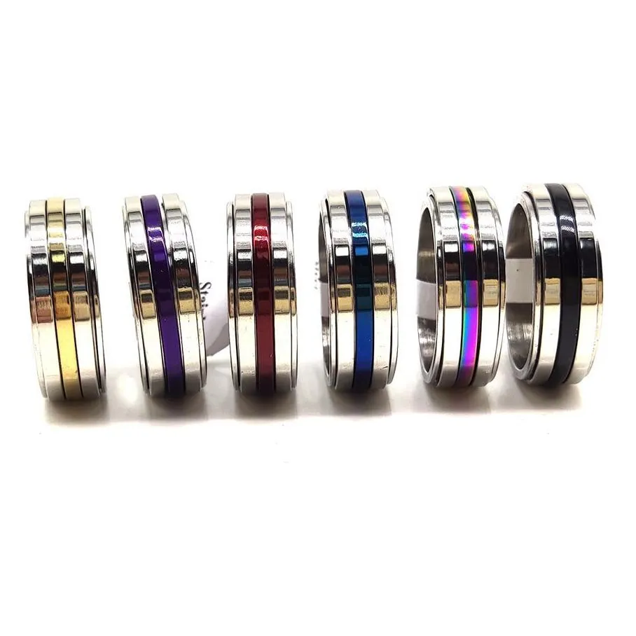 Band Rings Wholesale 36Pcs/Lot Stainless Steel Spinner Ring 8Mm Top Color Mix Men Women Rotating Spin Mens Fashion Jewelry Drop Deliv Dh310