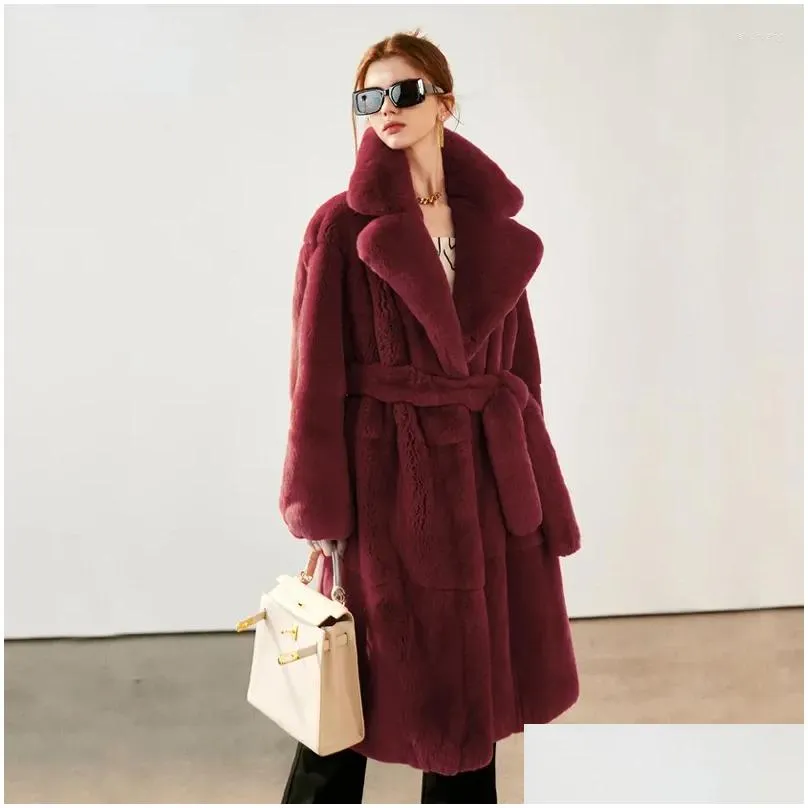 Women`s Fur Winter Faux Coat Women Warm Long Coats Fluffy Suit Collar Lace-up Chic Robe Solid Cardigan Jackets Sleeve