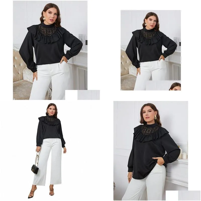 fi Plus Size Women Blouse Temperament Versatile Ruffled Round Neck Large Lady Tops Lg-sleeved Solid Color Elegant T-shirt k6jI#