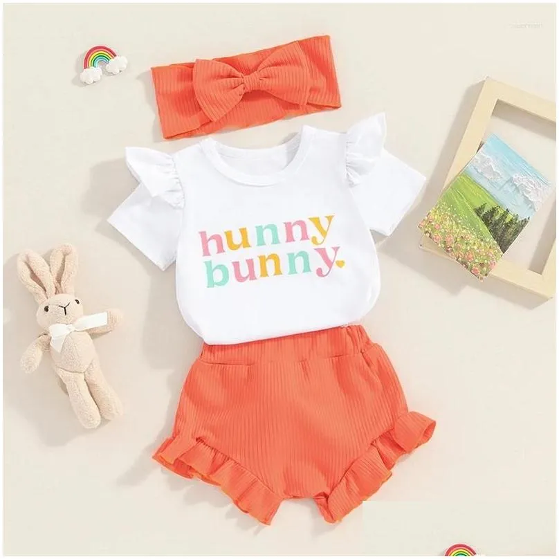 Clothing Sets My 1st Easter Baby Girl Outfit 3Pcs Round Neck Short Sleeve Romper 3D Tail Headband Clothes Set