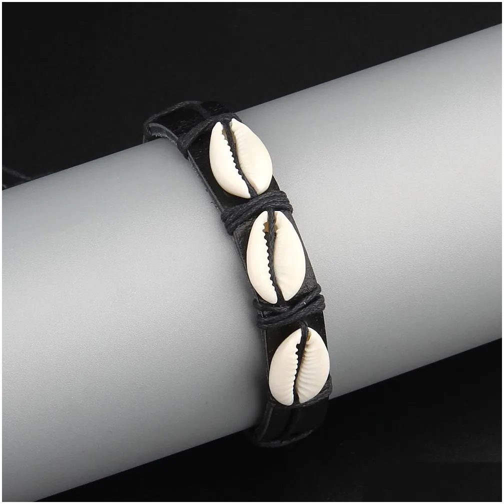 adjustable shell charms bracelets handmade leather braided hand waist wrap for women men jewelry beads bangle black fashion