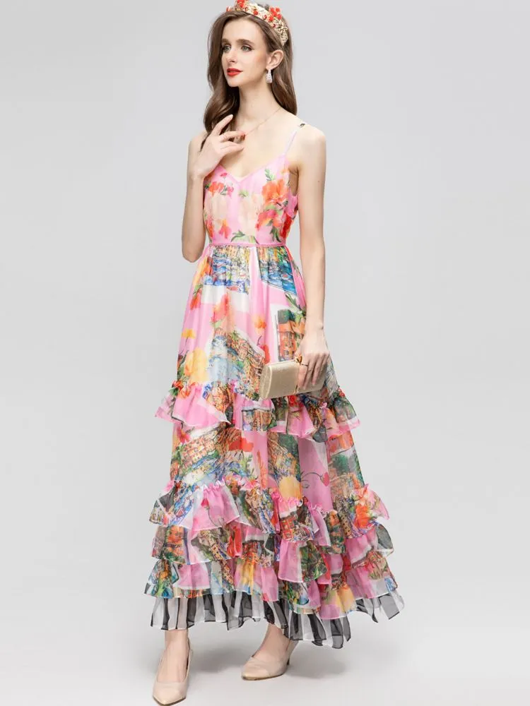 Women`s Runway Dress Sexy V Neck Spaghetti Straps Floral Printed Tiered Ruffles Fashion Designer Holiday Long Vestidos