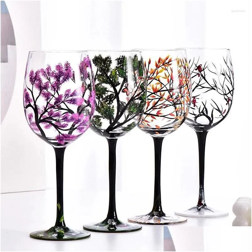 Wine Glasses Four Seasons Trees Goblet Creative Printed Round Glass Cup For Beer Cocktail Large Capacity Gift Drop Delivery Home Gar Dh9Oi