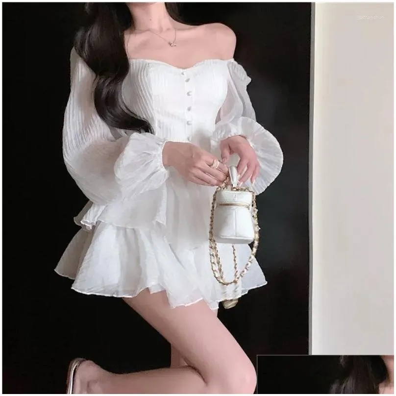 Casual Dresses OCEANLOVE Puff Sleeve Vestidos Mujer Solid Spring Autumn Ruffles Vintage Women Korean Fashion Chiffon Sexy Mini Dress