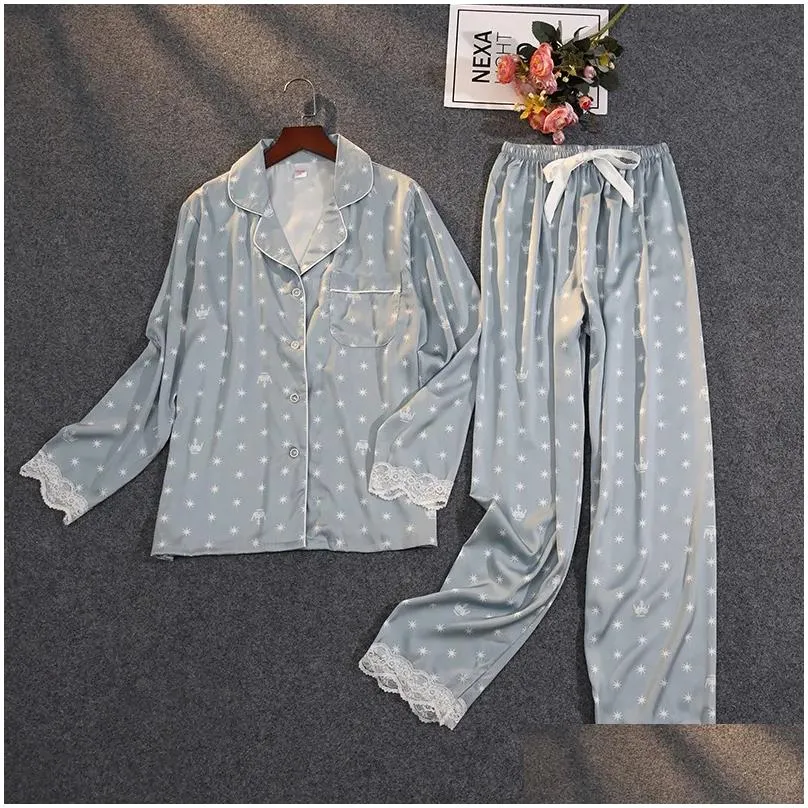 Women`s Sleepwear Lisacmvpnel Women`s Summer Two Piece Pajamas Ice Silk Satin Thin Coat Print Lace Pajamas 230329