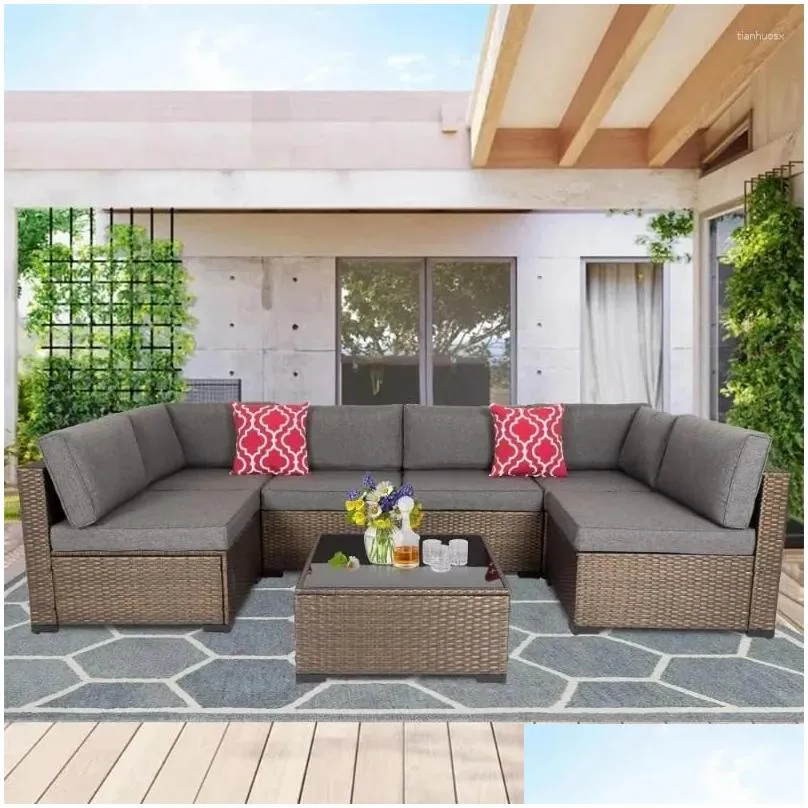 Camp Furniture 7 Piece Outdoor Patio Set Wicker Sectional Sofa With 2 Pillows And Tea Table Rattan Couch