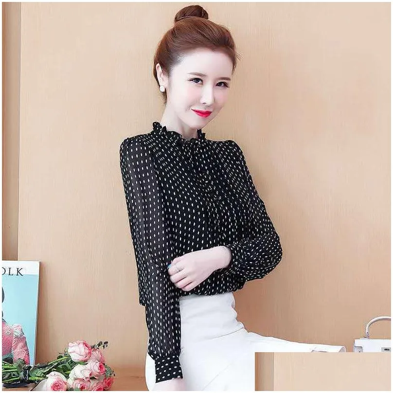 Women Spring Autumn Style Chiffon Blouses Shirts Lady Casual Long Sleeve ONeck Polka Dot Printed Chiffon Blusas Tops DD8879 210401