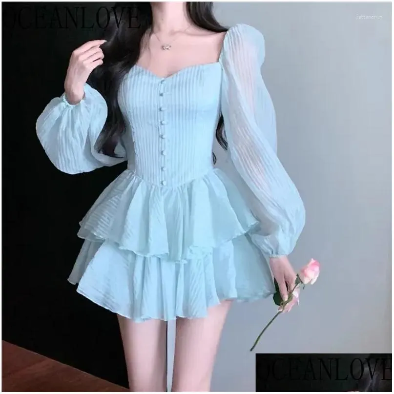 Casual Dresses OCEANLOVE Puff Sleeve Vestidos Mujer Solid Spring Autumn Ruffles Vintage Women Korean Fashion Chiffon Sexy Mini Dress