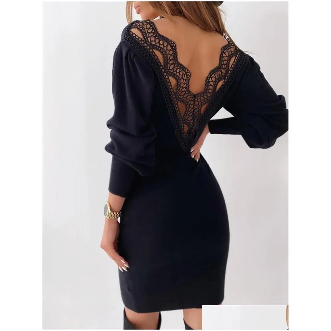 Basic & Casual Dresses S-3Xl Plus Size Women Autumn Winter Dress Female Long Sleevey Hollowed-Out Lace V-Neck Waist - Tight Lady Styl Dhtca