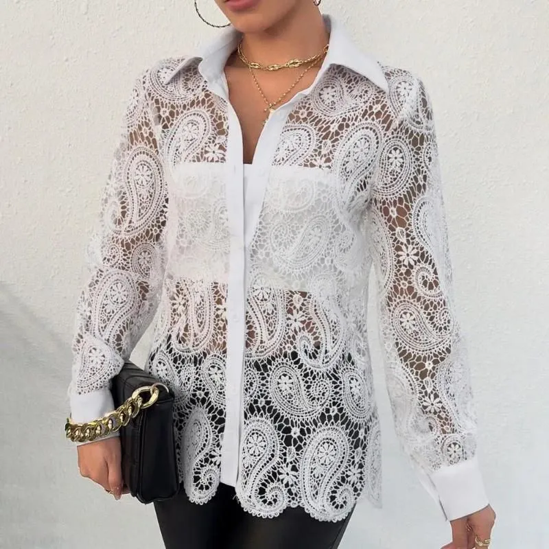 Women`s Blouses Loose Fit V-neck Top Elegant Lace Hollow Out Shirt With Single-breasted Turn-down Collar Long For Breathable Beach