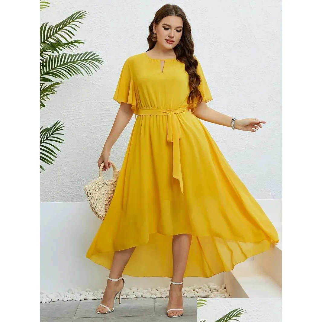Plus Size Dresses Women Solid Color Cut Out V-Neck Dress A-Line Short Butterfly Sleeve Party Robe Casual Lady Vacation Large Belt Gown