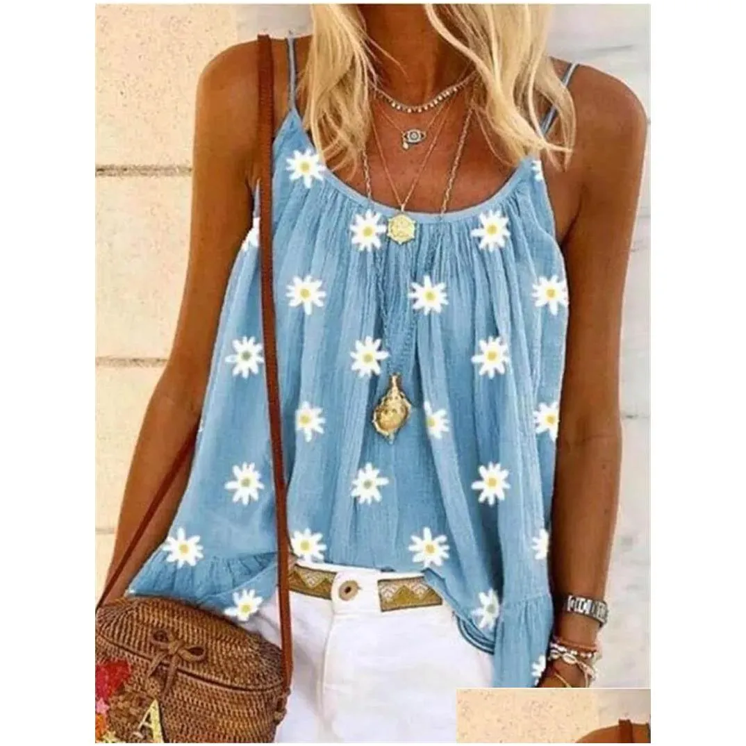 Women`s T-Shirt Sleeveless Loose Boho Beach T Shirt Female 2021 Summer Small Daisies Print Tops Casual Women Shirts Sexy Strap Tank