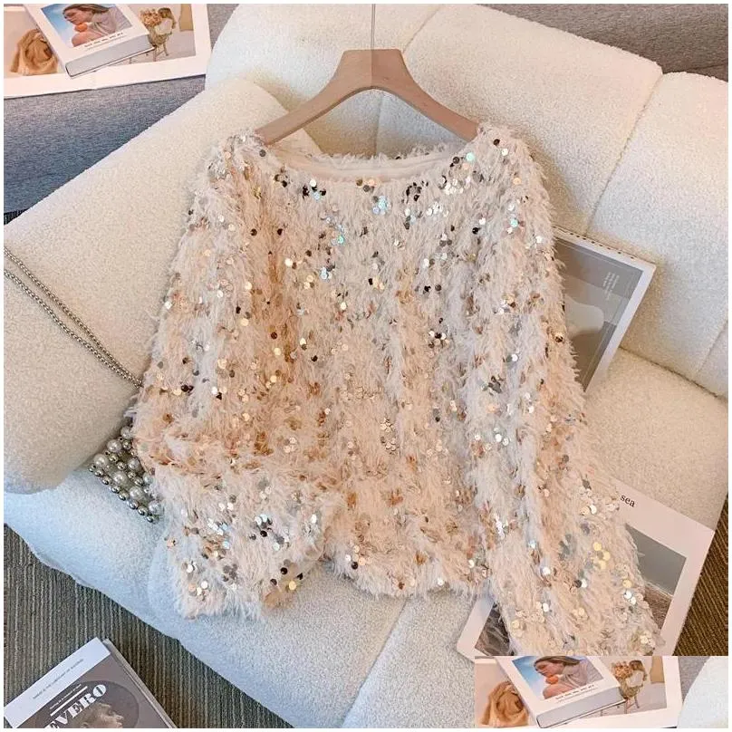 Women`s Blouses Elegant Sequined Feather Blouse Women Spring Autumn Party Tops And Long Sleeve Shirt Blusas Mujer
