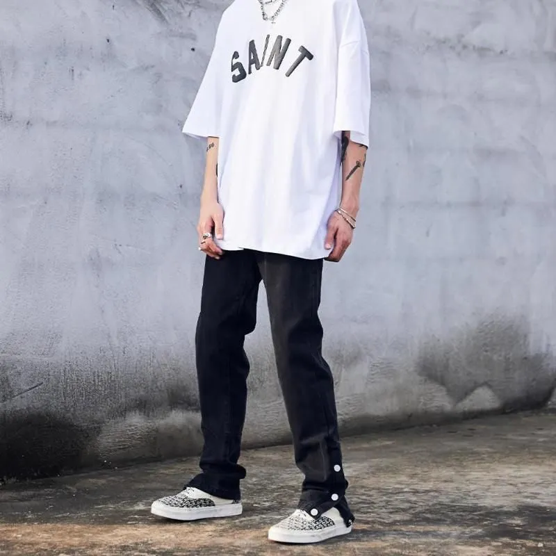 Men`s Jeans High Street Vibe Men Light Blue Slim-fit Trendy Hip Hop Pants Flare Wide Leg Side Slit Buttons Male Trousers