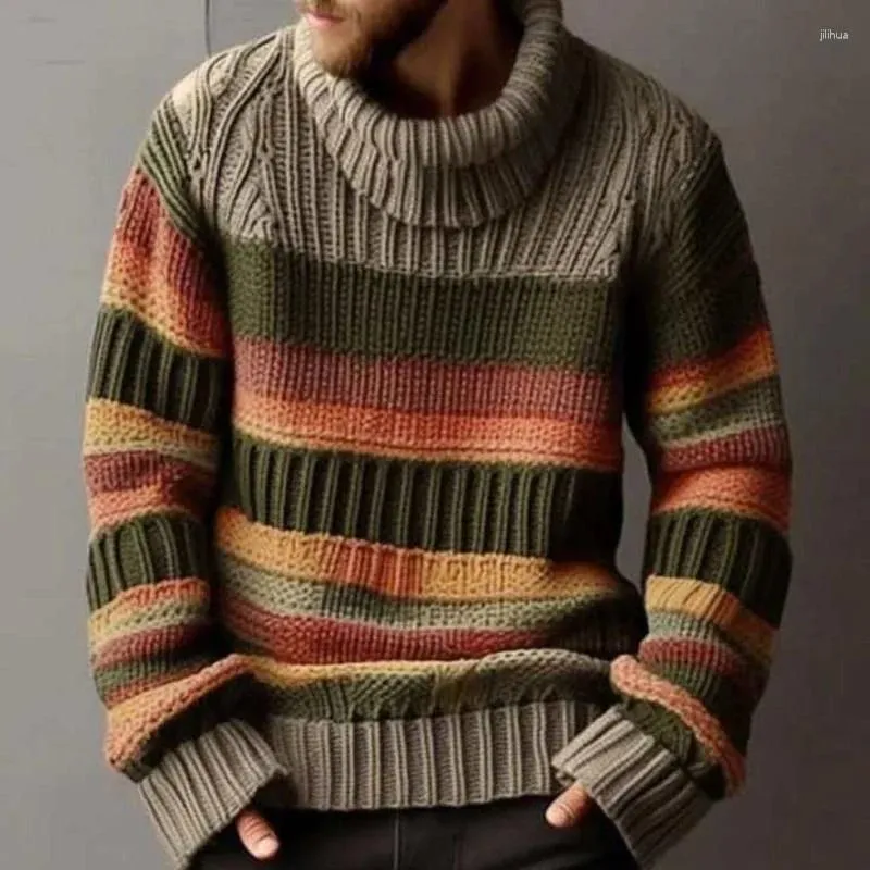 Men`s Sweaters Long Sleeve Fashion Turtleneck Men Autumn Vintage Striped Jacquard Knitted Tops Mens Sweater Casual Loose Knit Pullover