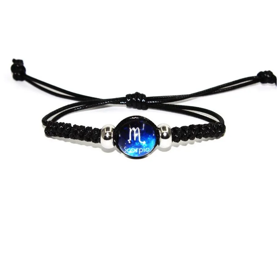 fashion hand made adjustable leather bracelets black rope chain luminous 12 constellations zodiac signs beads bangle jewelry for men