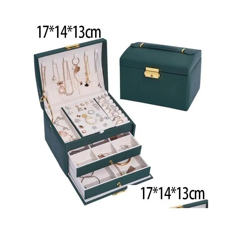 Jewelry Boxes Box 3-Layers Green Stud Organizer Large Ring Necklace Makeup Holder Case Veet With Lock For Drop Delivery Dhllt