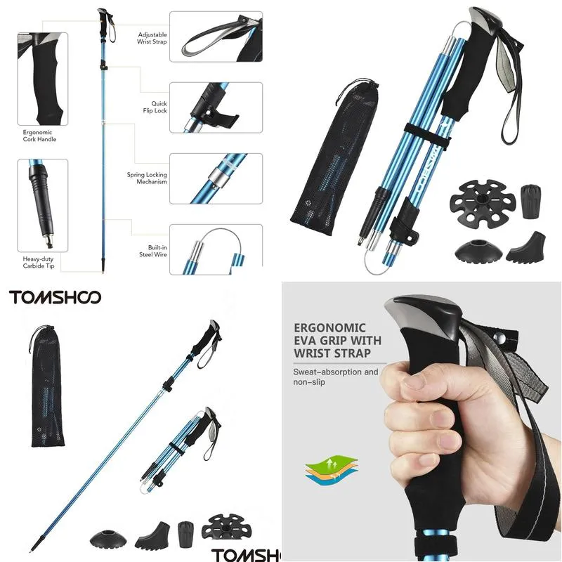 Sticks Tomshoo Trekking Pole Lightweight Collapsible Trekking Poles Fivefold Walking Stick for Hiking Camping Trekking Accessories