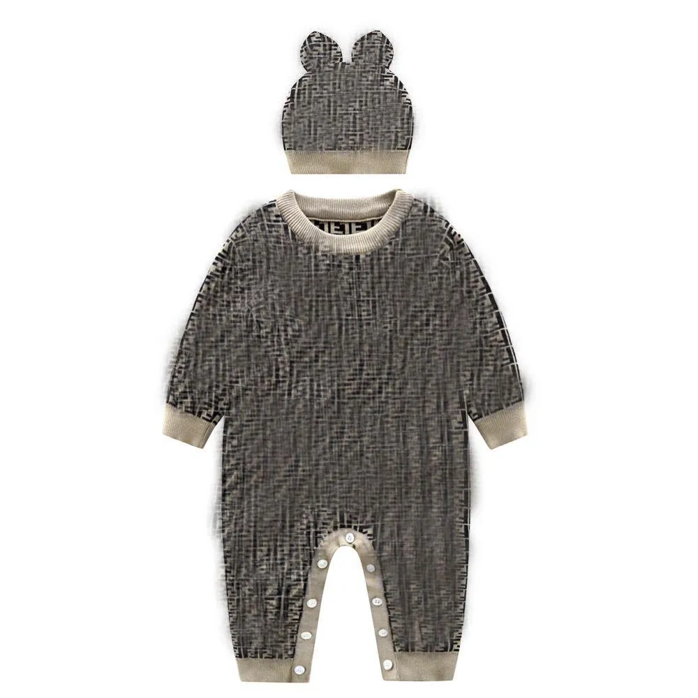 Luxury Designer Rompers Newborn Clothes Winter Warm Wool Knitted Bodysuit Baby Boys Jumpsuit Toddler Infant Rompers Hat 2pcs
