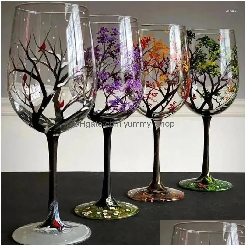 Wine Glasses Four Seasons Trees Goblet Creative Printed Round Glass Cup For Beer Cocktail Large Capacity Gift Drop Delivery Home Gar Dh9Oi