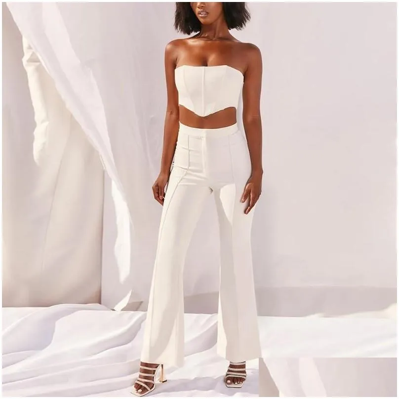 Women`S Tracksuits Womens Jillperi Strapless Corset Crop Top And Flare Pants Sets Solid High Waist Women Y Outfit Elegant Casual Legg Dhzar