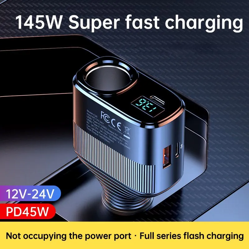 high quality c26 car  adapter 145w super fast charging 1 to 4 pd 45w flexible retractable fast car  usb type c cigarette lighter