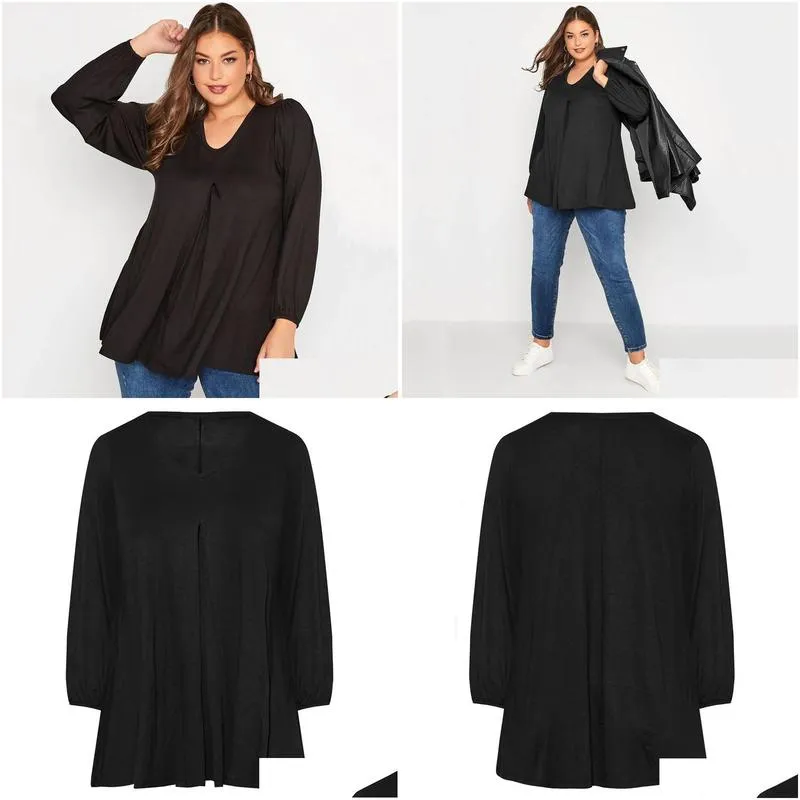 Tops Plus Size Long Sleeve Spring Autumn Elegant Swing Top Women Pleated Front Loose Black Tunic Large Size Casual Blouse 6XL 7XL 8XL