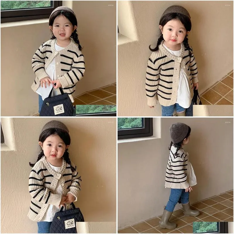 Jackets Children Clothing Kids Sweater 2024 Spring Autumn Fashionable Korean Style Striped Knitted Cardigan Single Breasted